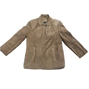 Orvis Genuine Leather Suede Jacket Tan Brown Coat Medium M‎ Button Front Pockets